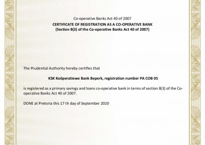 Certificate of Registration as Co-Operative Bank